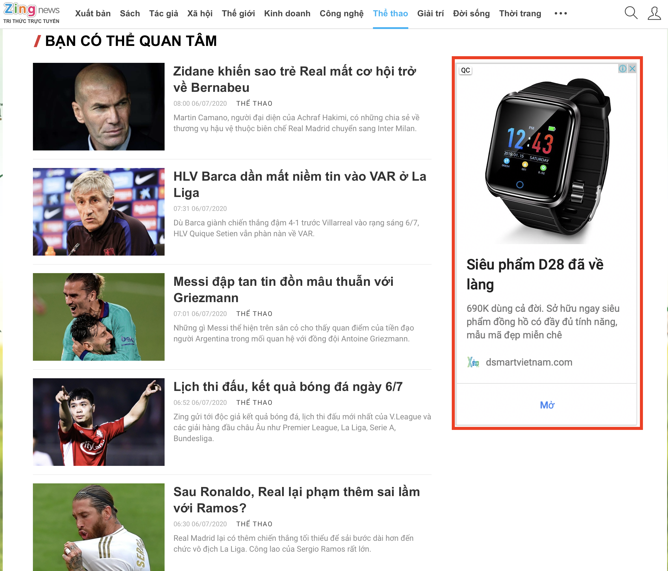 Hiển thị banner Google trên trang zingnews.vn